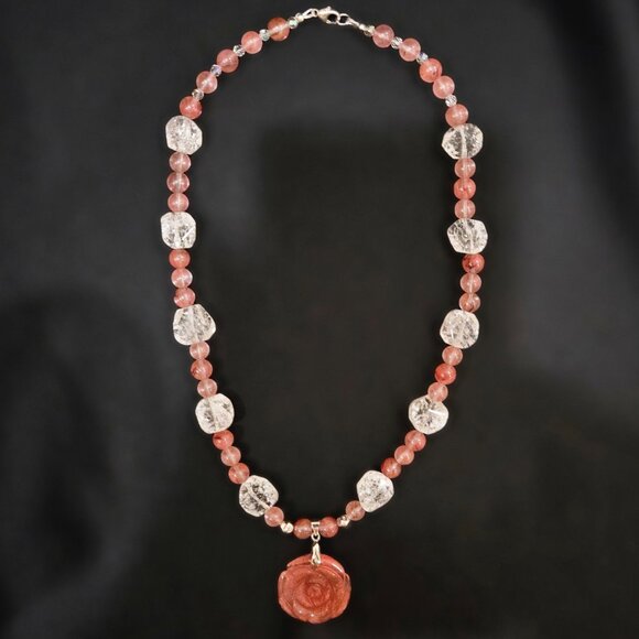 Hand Crafted Cherry Quartz Beads and Carved Cherry Quartz Pendant Necklace - Picture 2 of 9